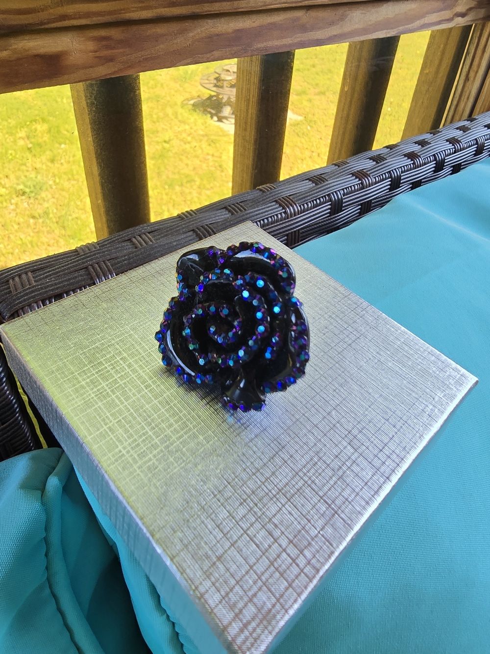 Black Floral Statement Ring with Blue-Purple Rhinestones - sz. 7.5